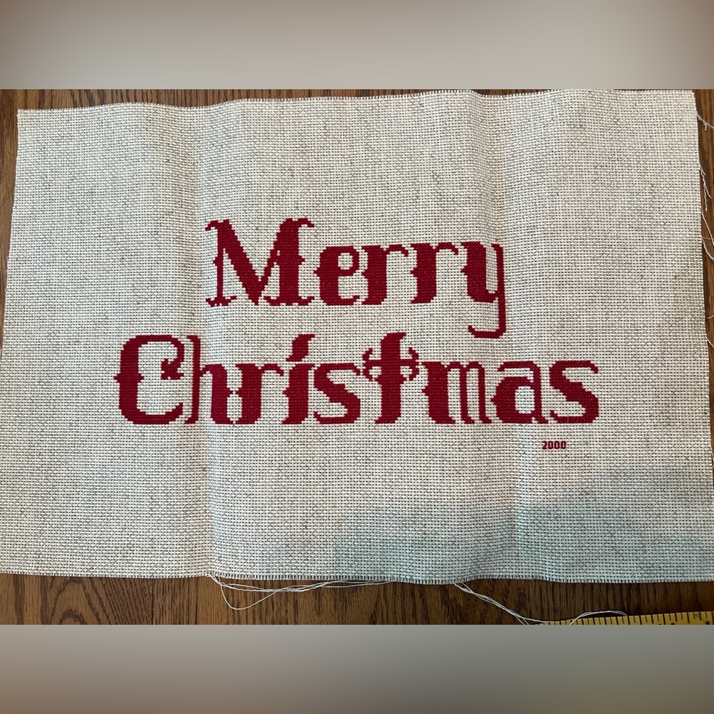 Merry Christmas Cross Stitch Panel - Red Text on Cream Aida